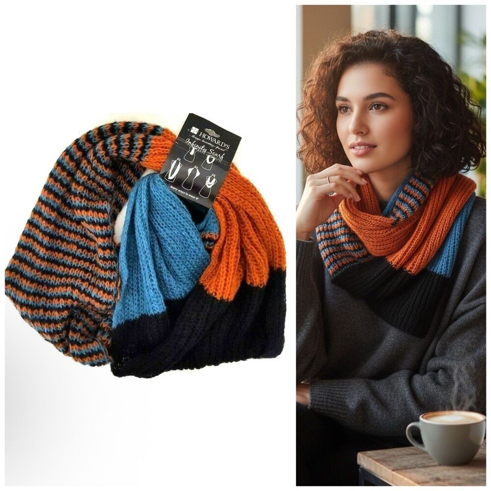 Howards Infinity Scarf Womens Knit Multi Pattern Brown Blue Warm Tones Winter